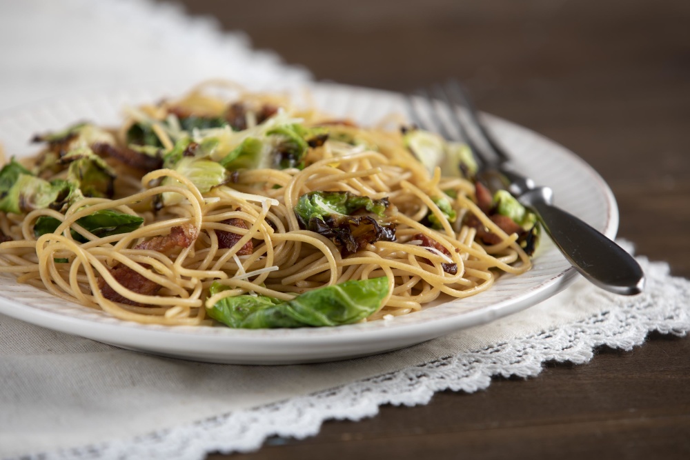 Pasta Carbonara with Charred Brussels Sprouts