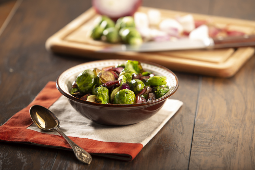 Roasted Brussels Sprouts with Balsamic-Glazed Red Onions