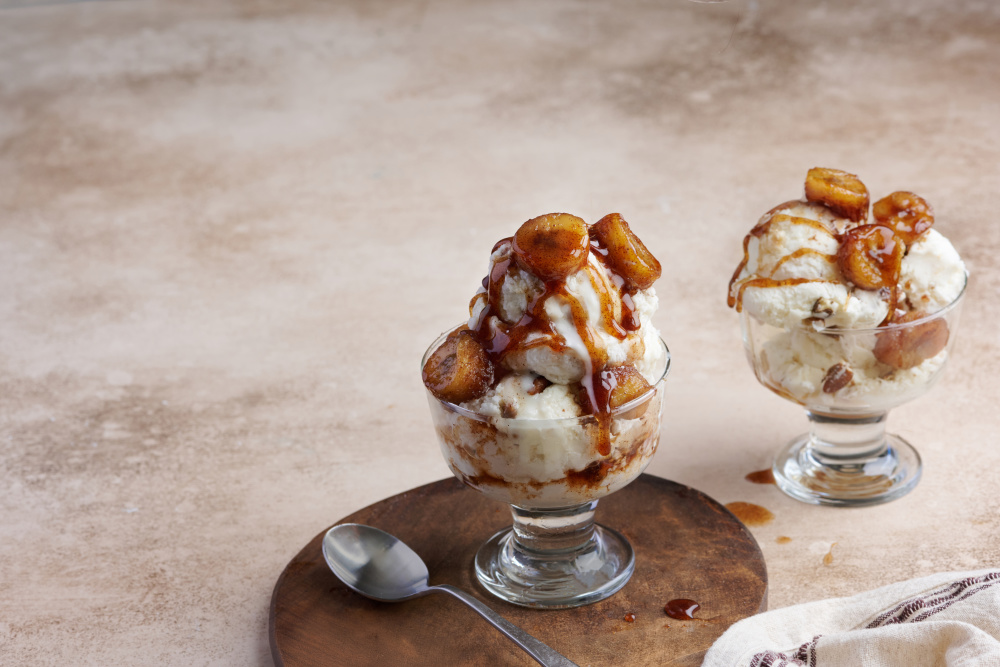 Maple Caramelized Bananas with Butter Pecan Ice Cream