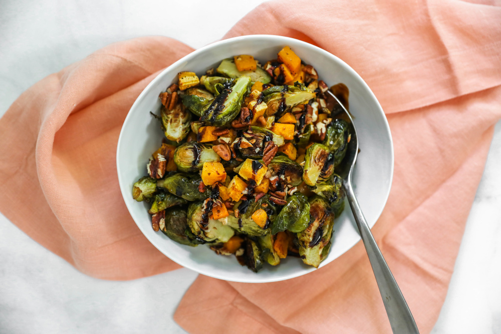 Roasted Brussels Sprouts with Butternut Squash and Pecans