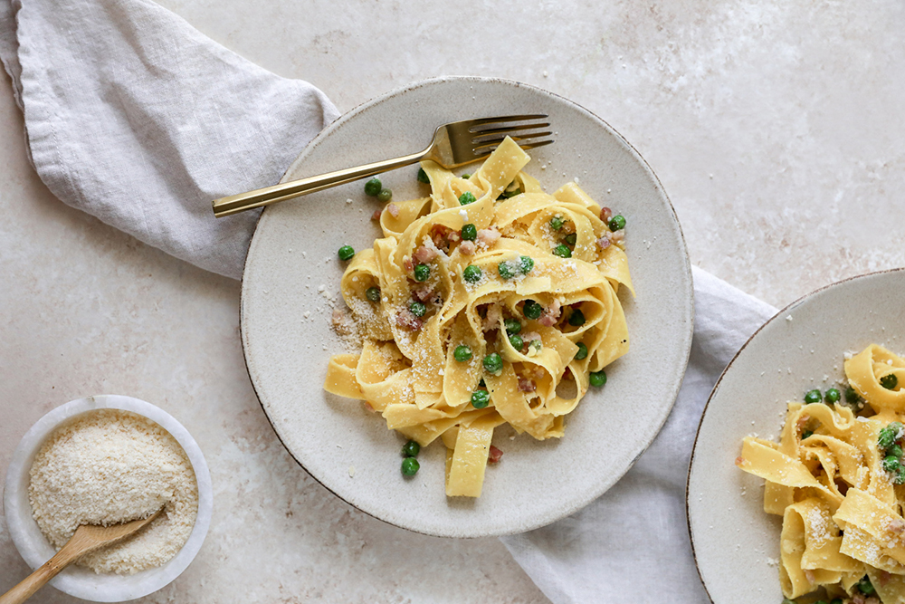 Pasta Carbonara with English Peas