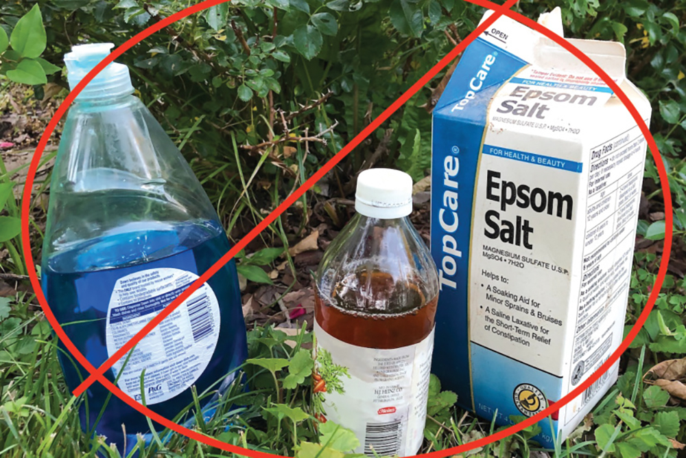 Dish soap, vinegar and epsom salt with an x through them