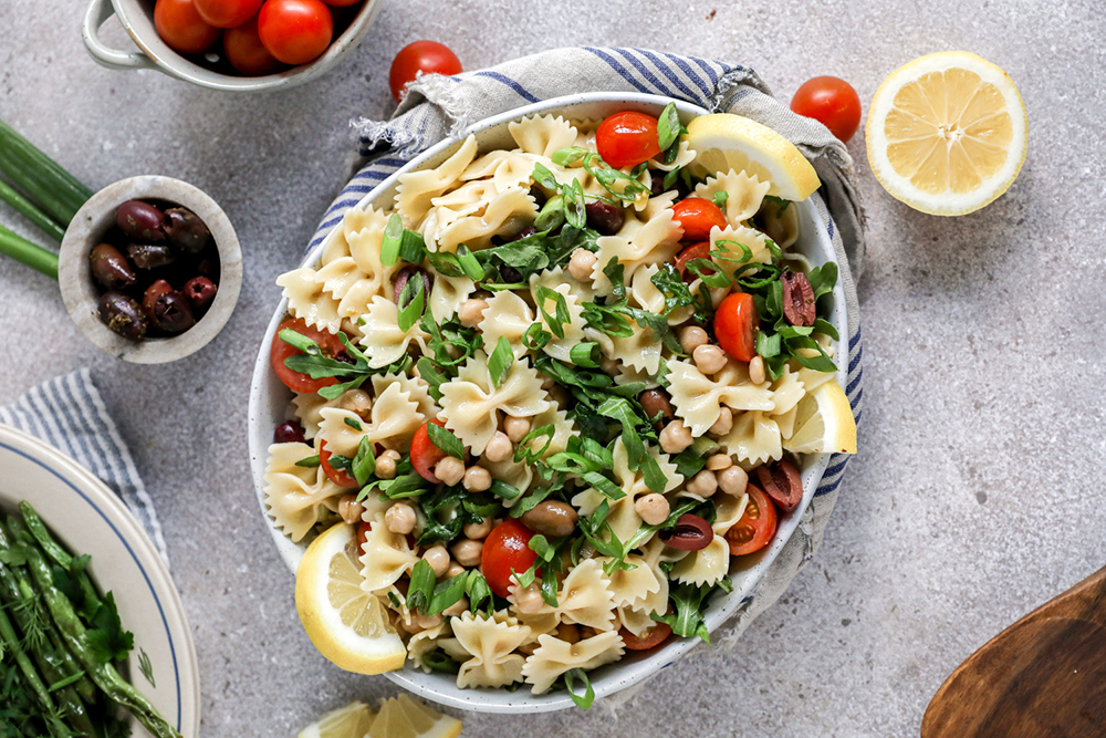 Farfalle Pasta Salad with Arugula and Cherry Tomatoes, a spring luncheon recipe