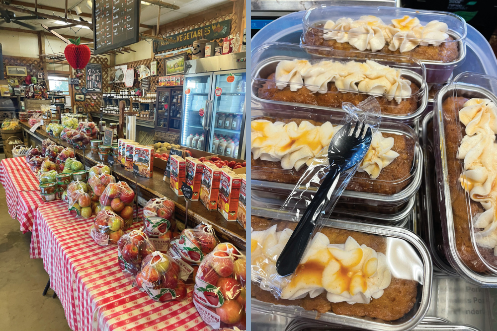Left photo: Chandler's Orchard and Country Market interior with apples on table, a cooler with treats and more; Left photo: Baked goods at the country market