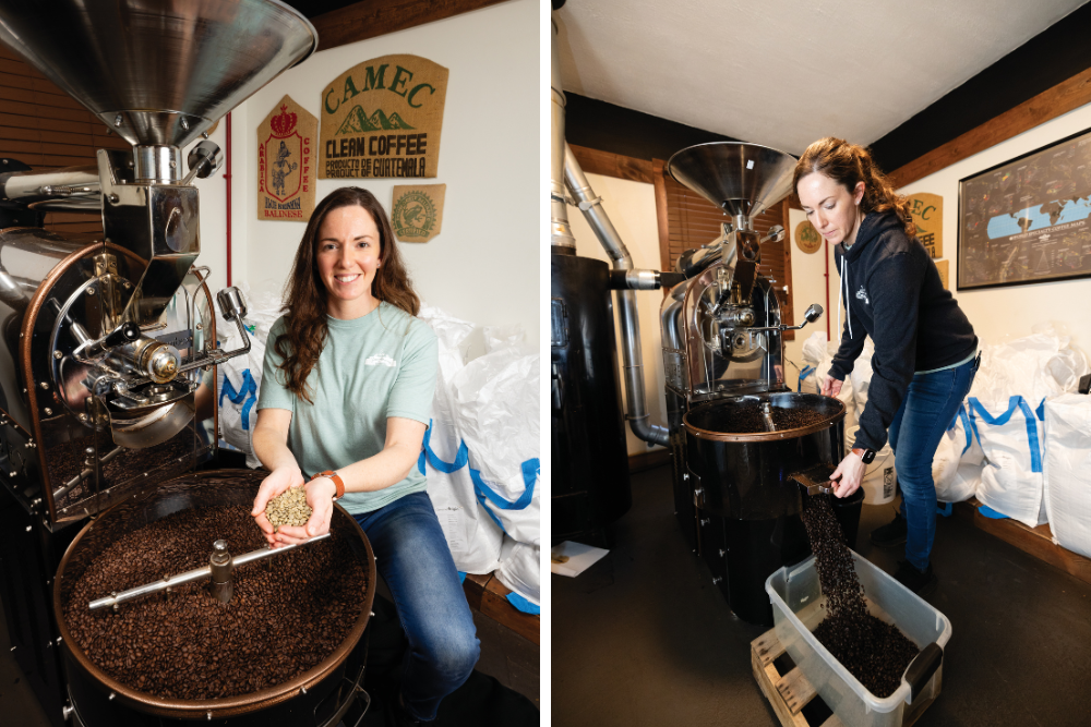 Left photo: Joana Wade holding coffee beans at her JavAroma Roasters shop; Right photo: Joana Wade moving freshly roasted coffee beans into a bin