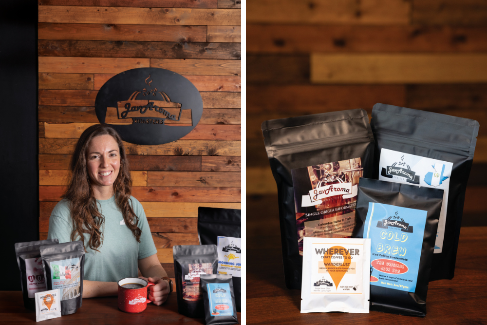 Left photo: Joana Wade with some of JavAroma Roasters products; Right photo: Up-close of JavAroma Roasters products