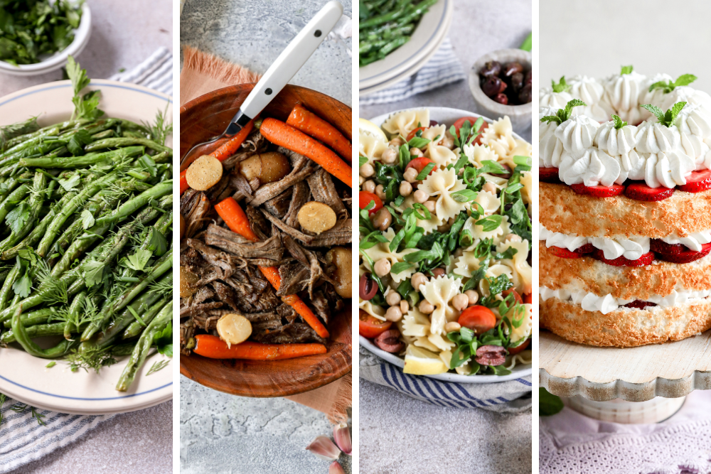 Collage of all four spring luncheon recipes for delicious midday meals