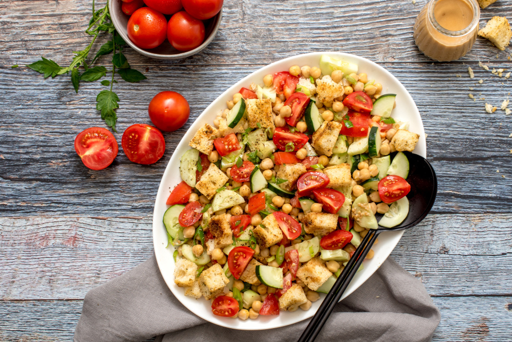 Chickpea and Tomato Salad with Garlic Dressing and Sourdough Croutons