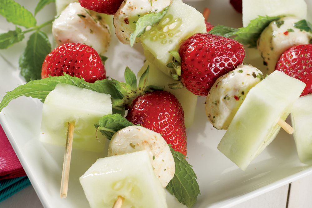Strawberry Caprese Skewers with Mint Pesto