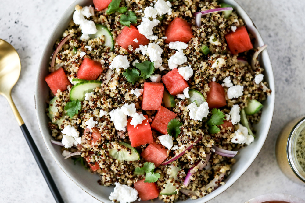 Quinoa Salad with Watermelon, Cucumber, Feta and Citrus Vinaigrette