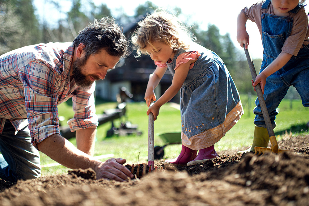 Father with small children working outdoors in garden, sustainable lifestyle concept.